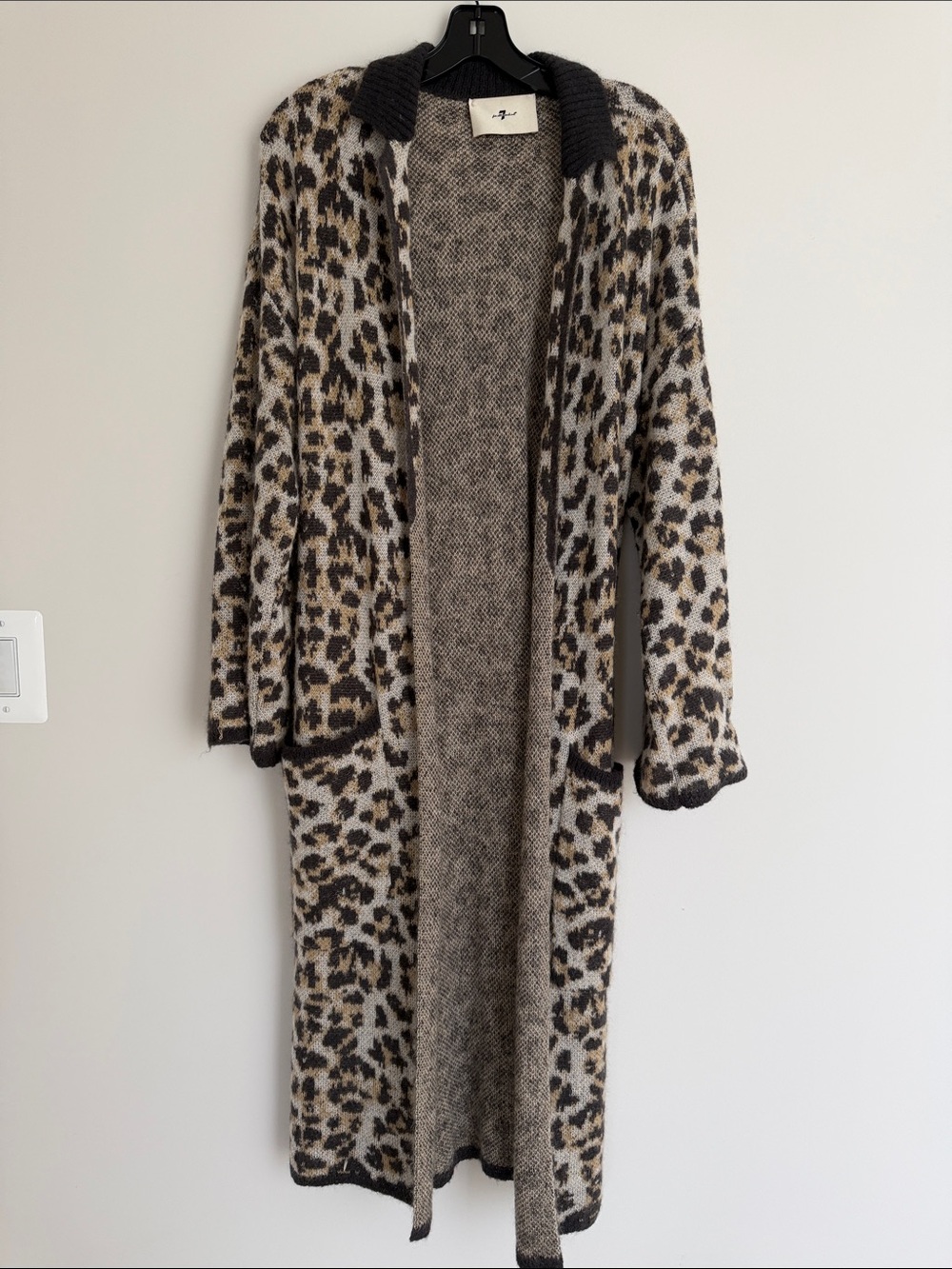7 For All Mankind Leopard Print Long Open Cardigan in Cream, Brown, Black